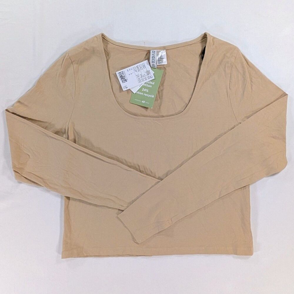 H&M Divided basic T-shirt women’s size Large Crop Beige Solid Long Sleeve NWT